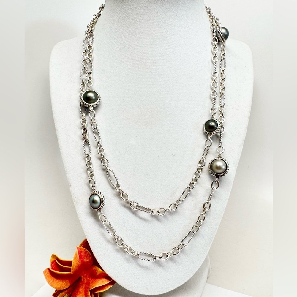 David Yurman .925 Sterling Silver with Pearls Figaro 40” Chain Necklace